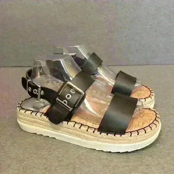 MTNG Wedge Sandal Black Strap Faux Leather Espadrille Cork Soles Women 40-9/9.5 - Picture 2 of 12